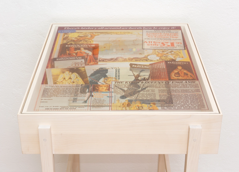 There's history all around us, 2022. Wooden display case, 4-color silkscreen fired in glass, 