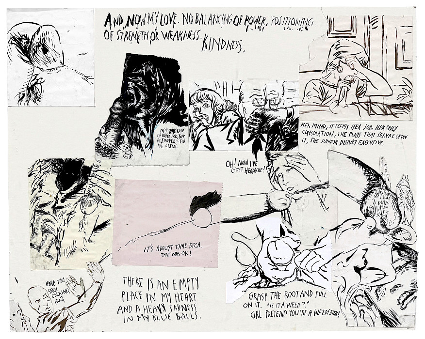 Raymond Pettibon, Wohlwollen, Tusche und Collage auf Papier, 82 x 102 cm