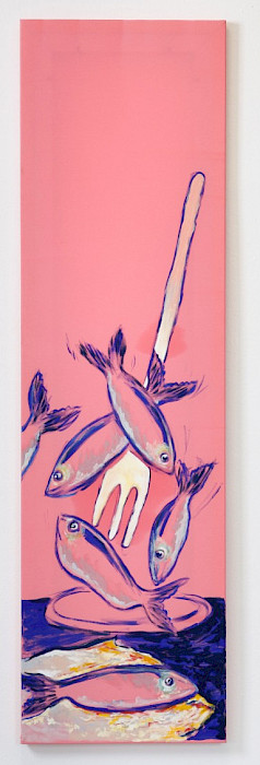 Camille Tsvetoukhine: Sardinenfischerin, 2025, Öl auf Seide, 140 × 40 cm (Foto: Clemens Mayer)