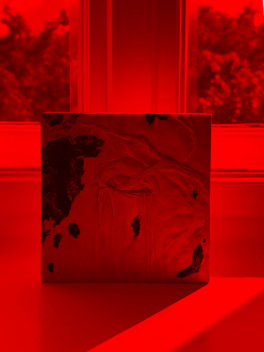 Polina Shcherbyna: Die Silbe Schmerz, 2024 Holzeinbrennung, Schnitzerei 20 × 20 cm  (Foto: Clemens Mayer)