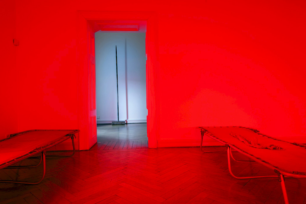 Polina Shcherbyna: Aschenglorie. Der Frieden der Leere, Installation Klappbetten aus der Sowjetunion, Aschepigmente, Enkaustik, Öl, Stahl, Holzeinbrennung, Schnitzerei Dimension variabel (Foto: Clemens Mayer)