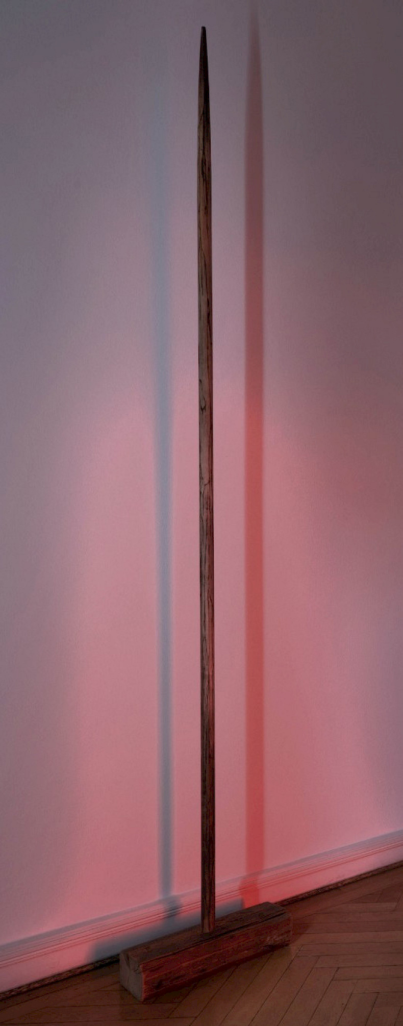 Polina Shcherbyna: Speer, 2024, Holzeinbrennung, Schnitzerei, Asche, Pigment, Enkaustik, Höhe: 230 cm (Foto: Clemens Mayer)