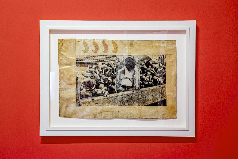 Boris Lurie: Railroad Collage (Railroad to America), c. 1963, Papiercollage, Bleistift und Firnis auf Fotoemulsion auf Leinen, 37 × 54 cm (Foto: Marcus Rebmann)