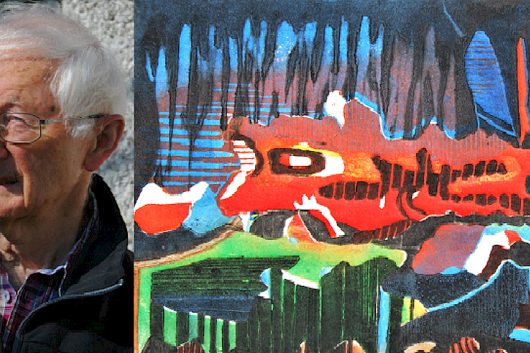 Linocut and portrait of the artist and course instructor Otto Dünne (Photo © Otto Dünne)
